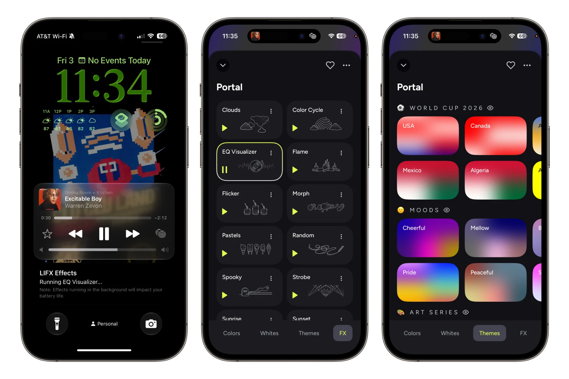Three Lifx app screenshots, showing its Live Activities notification, its FX tab, which is comprised of two columns of buttons with effects names and a play button for each, and its Themes tab, which has a similar presentation.