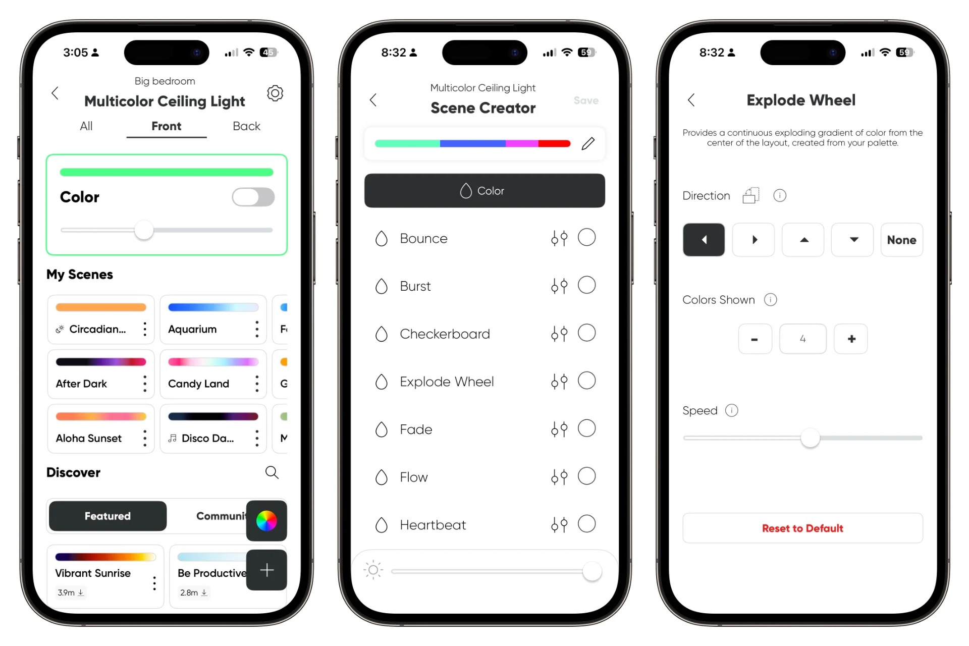 Three screenshots of the Nanoleaf app, showing various optional premade effects, effects creation options, and configuration for one of the effects.