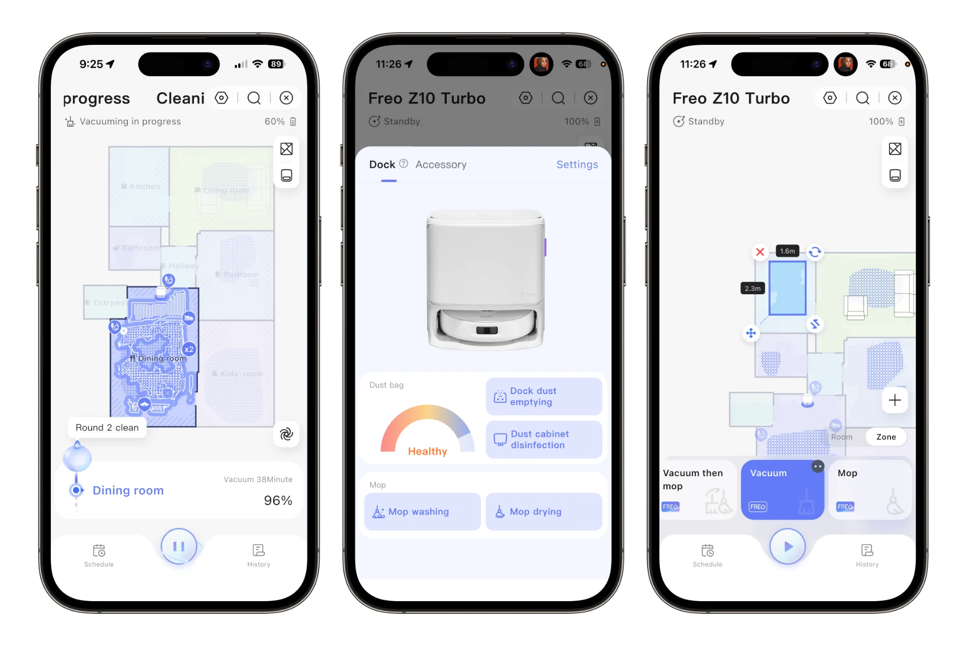 Screenshots of the Narwal app, showing its map as the robot is cleaning, its dock settings screen, and zone cleaning creation.