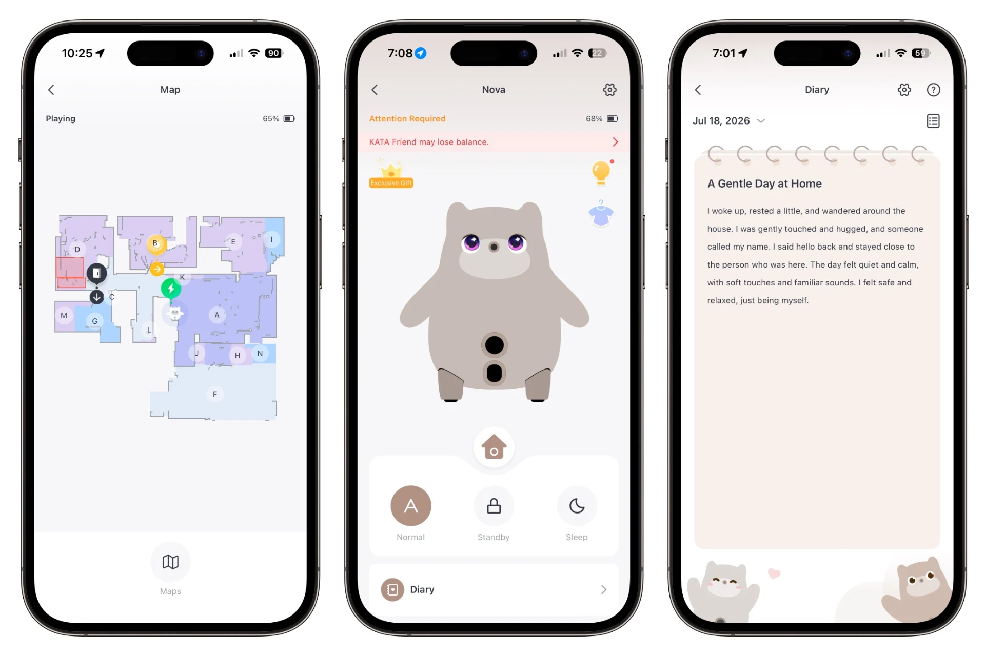 Three screenshots showing the Kata Friends' app view, with its map, main screen, and a diary entry visible.