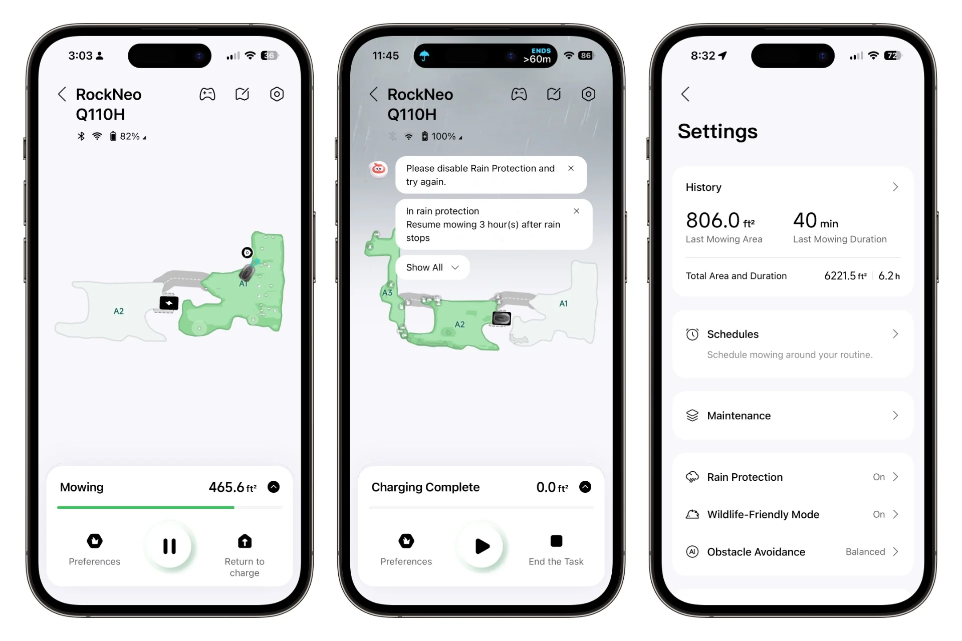 Three screenshots showing the Roborock Rockneo Q110H's app view, includes a map as it mows, map view with rain graphic during a rain storm, and one of its settings screen.