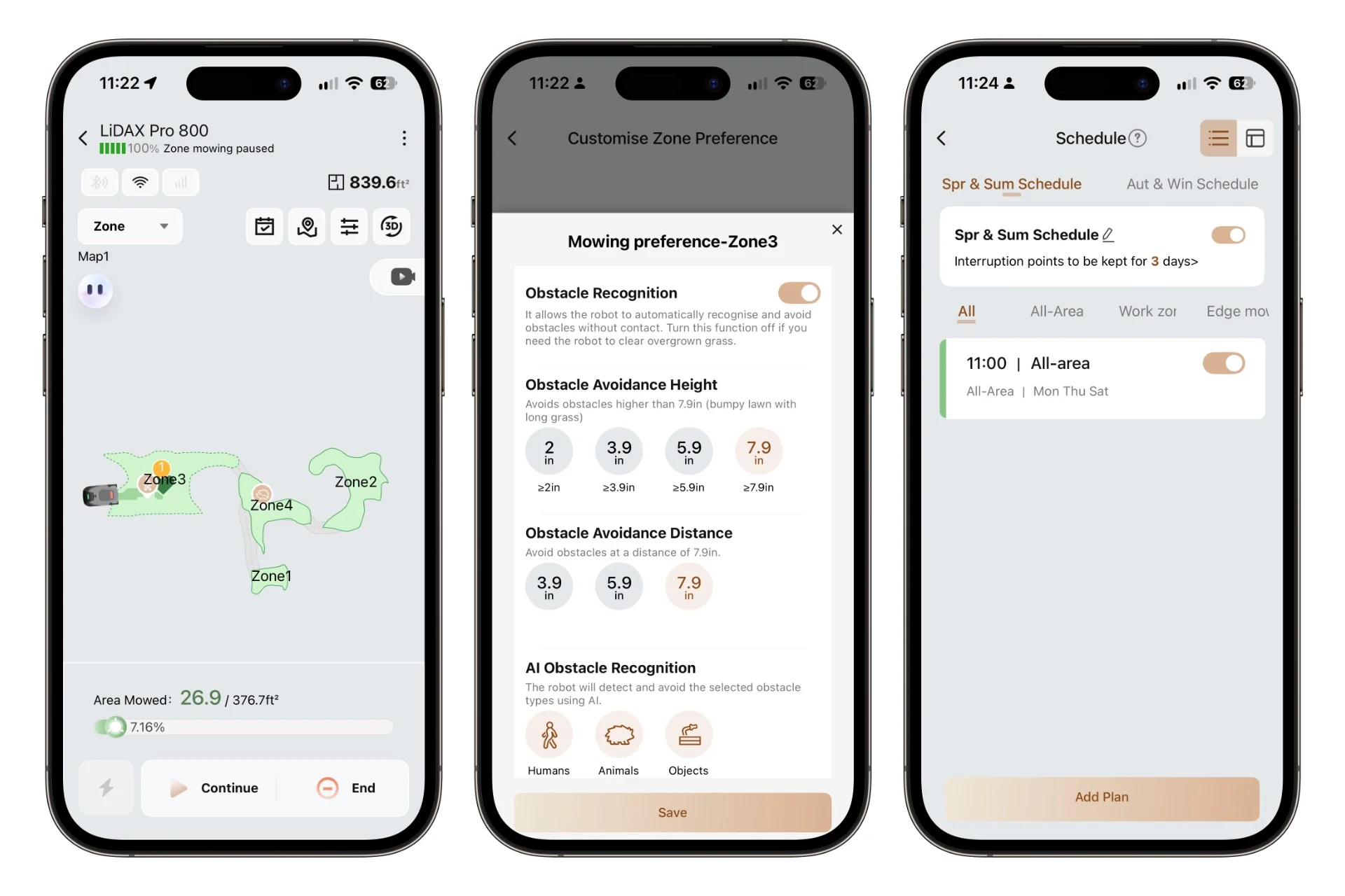 Screenshots from the Movahome app, showing the main screen with its map, options for adjusting obstacle avoidance height and distance, and scheduling.