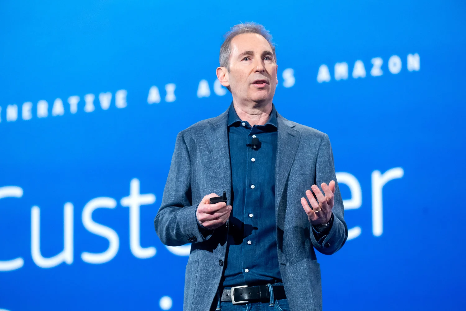 Amazon CEO Andy Jassy speaks during a keynote address at AWS re:Invent 2024, a conference hosted by Amazon Web Services
